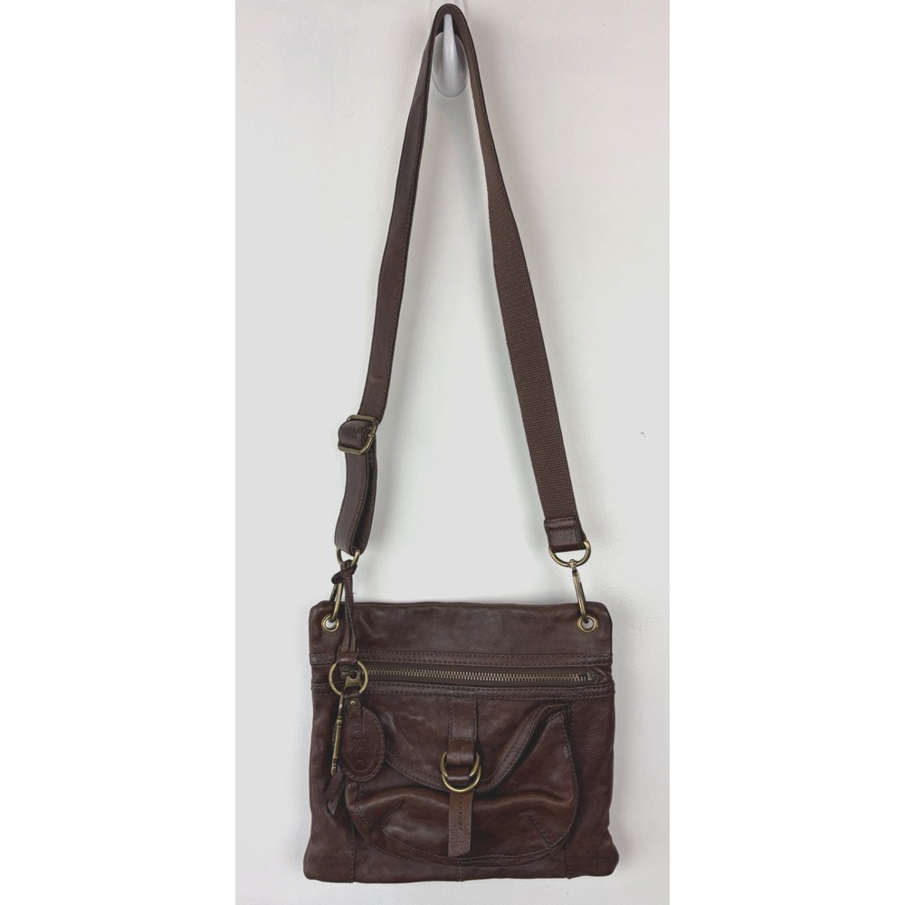 Vintage Fossil Crossbody Bag Brown Leather Distressed Zip Purse Casual